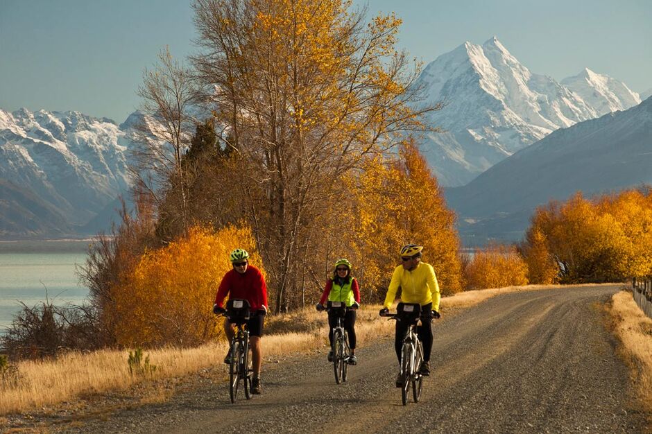 Cycling beneath Mt Cook on the Adventure South Alps to Ocean guided cycle trip.