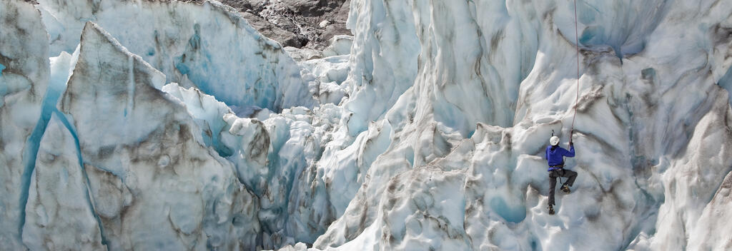 Experience the exhilarating sport of ice climbing on the spectacular ice walls in the upper part of the Fox Glacier.