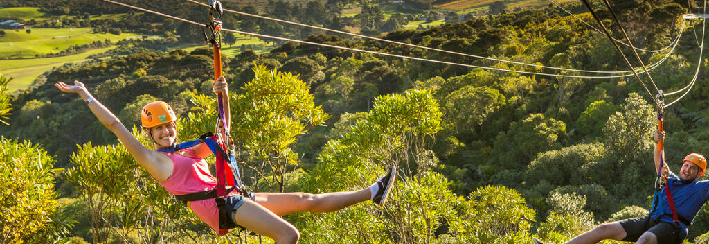 Ziplining through native bush on Waiheke Island.