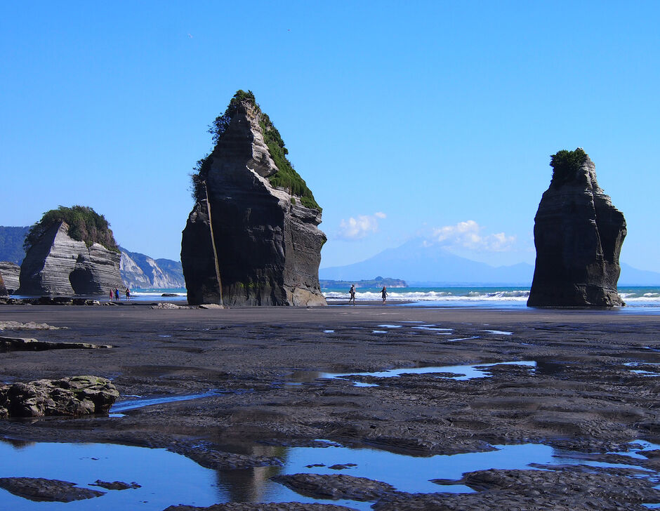 Three sisters at Tongaporutu with Taranaki Maunga in the distance.