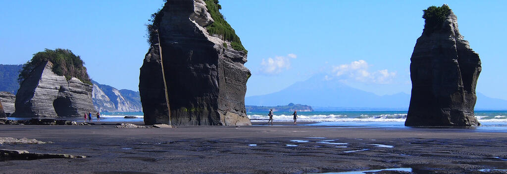 Three sisters at Tongaporutu with Taranaki Maunga in the distance.