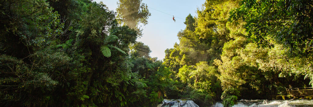 Ziplining over waterfalls on the Ōkere awa (Kaituna River).