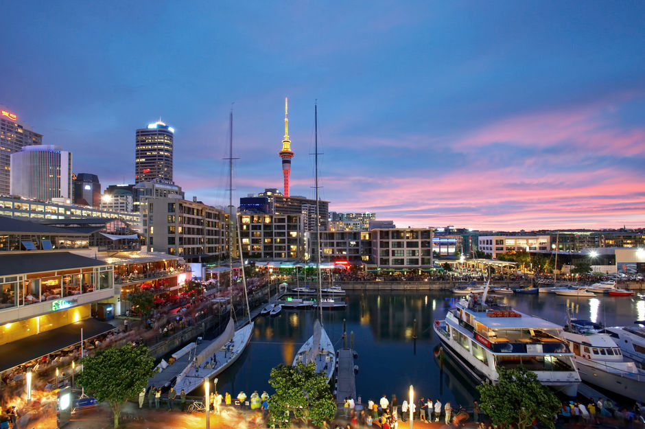 Restaurants and bars line the waterfront, with a backdrop of sheltered waters and sleek super yachts at the Viaduct Harbour.