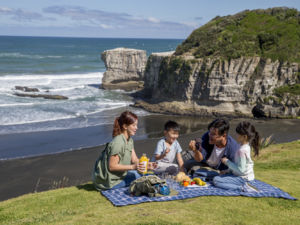 Enjoy a picnic on Muriwai Beach.