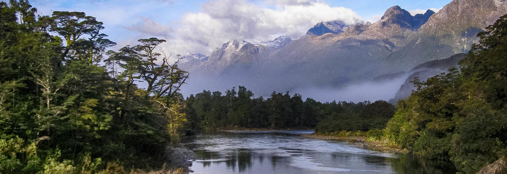 Darran Mountains above Pyke River on the Hollyford Track.