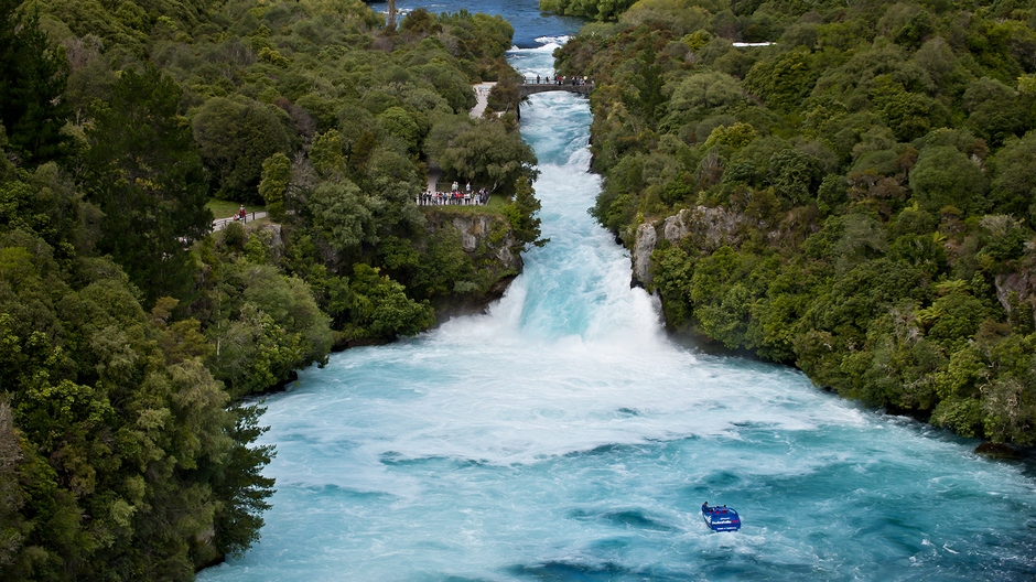 Watch tonnes of water rush downriver at Huka Falls