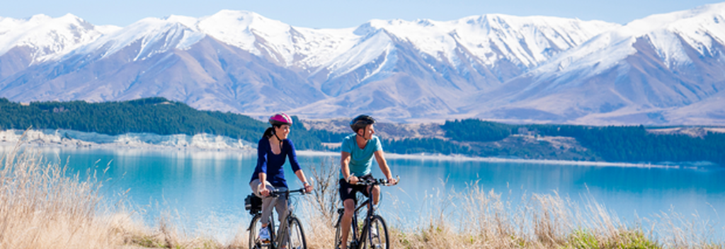 Cycling at Lake Pukaki, near our tallest mountain, Aoraki Mt Cook