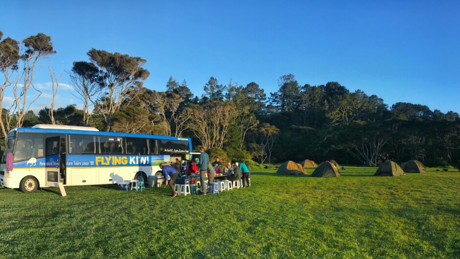 Setting up camp at Hot Water Beach