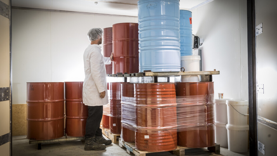 Honey in 300kg drums, ready to be packed.