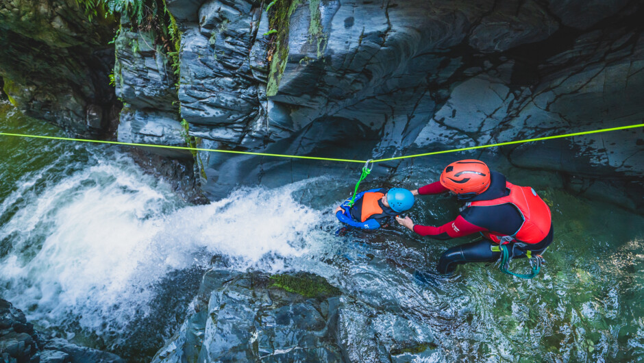 Sliding down a waterfall