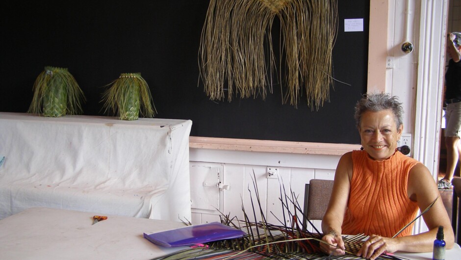 Raranga tutor Ruth Port at work on some weaving