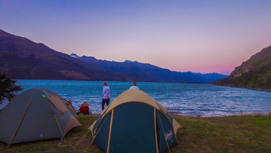 Remote wilderness camp beside Lake Wānaka