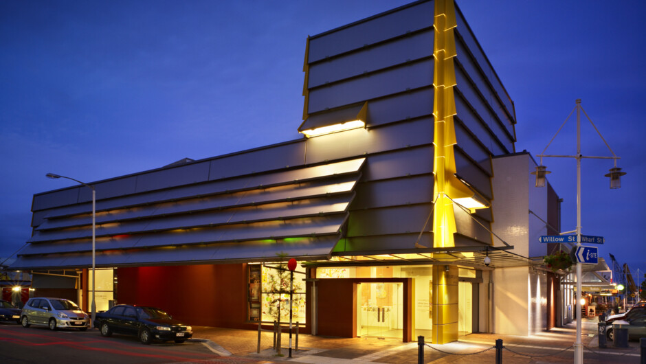 Tauranga Art Gallery in the evening, cnr Wharf & Willow Street downtown Tauranga