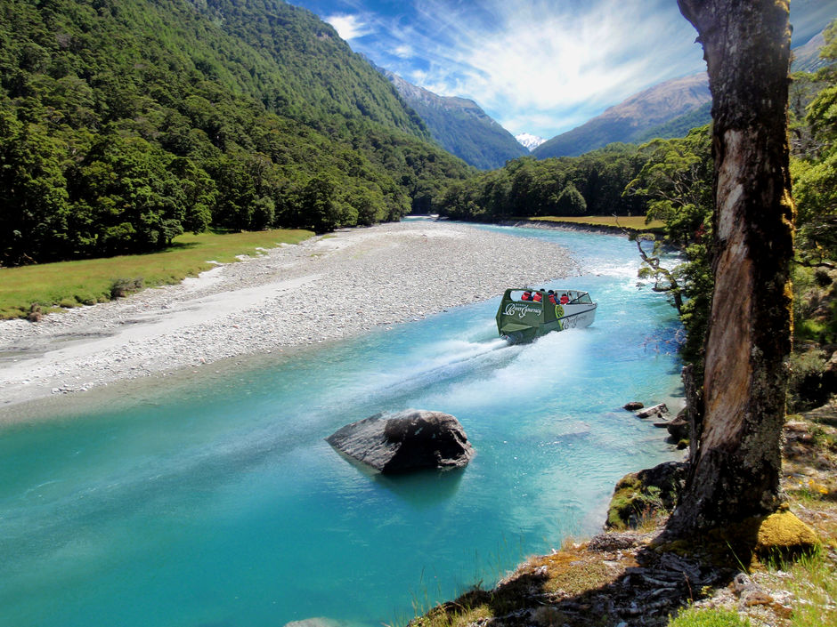 Jet boating up the remote Mutukituki valley beneath the glaciers of Mt Aspiring NP.