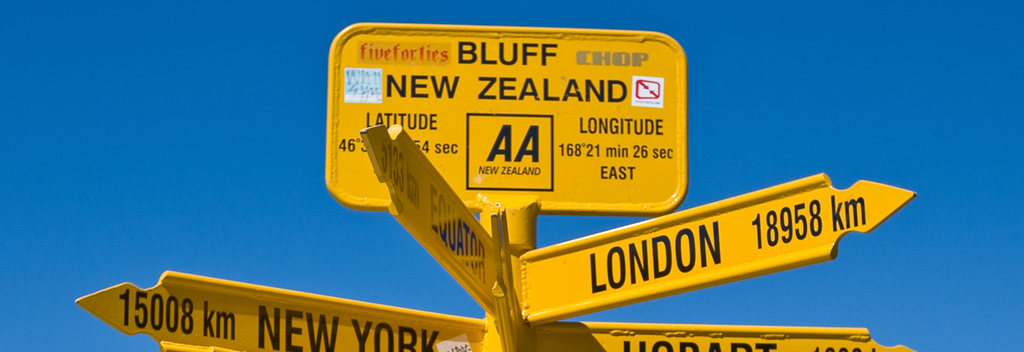 Bluff's Stirling Point sign indicates distances to other parts of the world and makes a great photo.