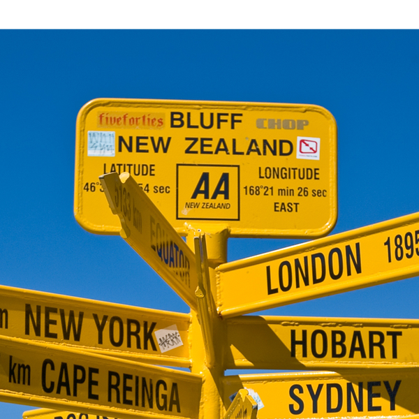 Bluff's Stirling Point sign indicates distances to other parts of the world and makes a great photo.