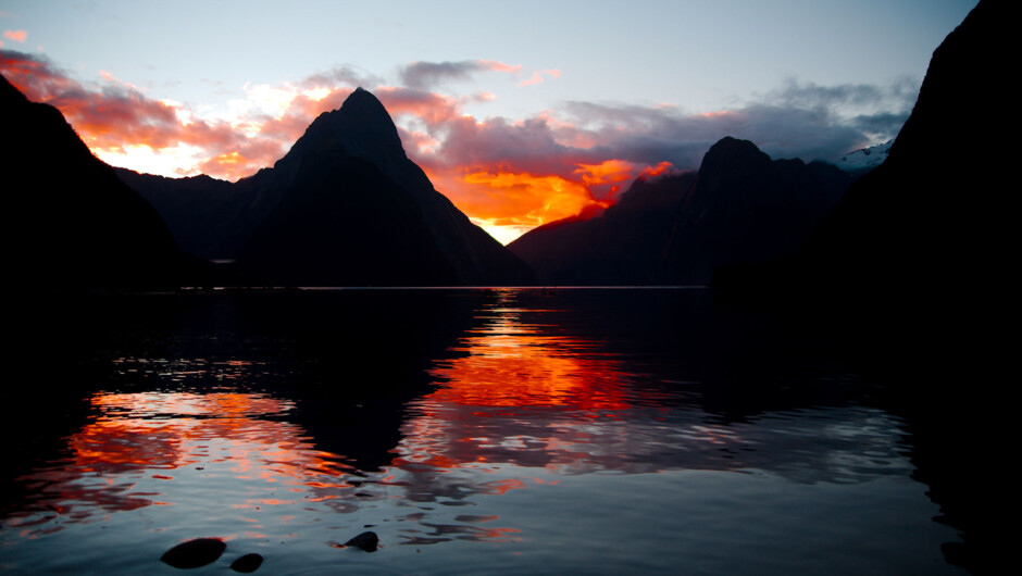 Milford Sound and Mitre Peak at Dusk.