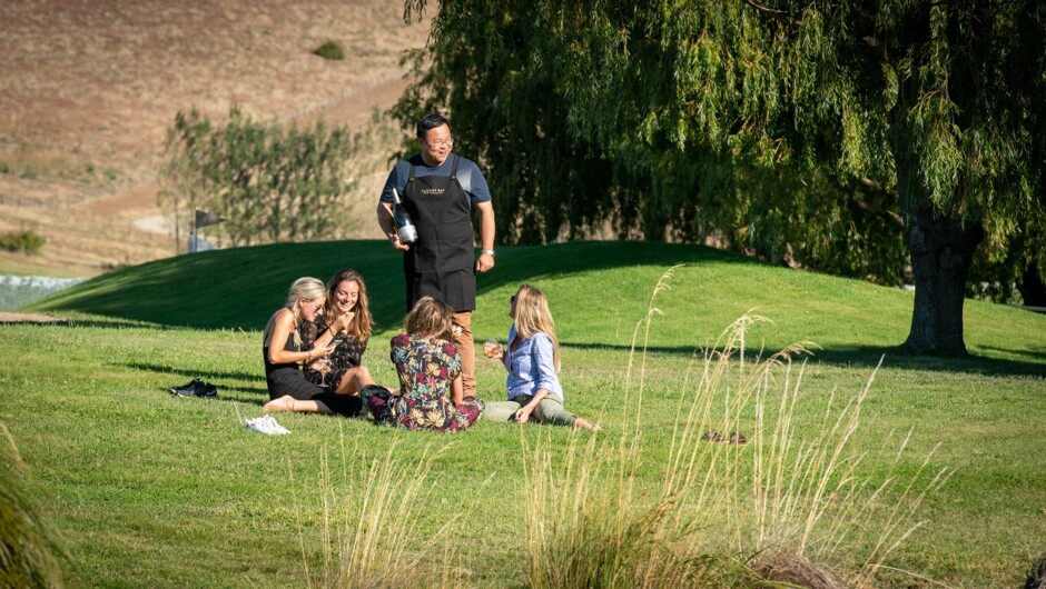 Visitors enjoying the garden at the Cloudy Bay Shed