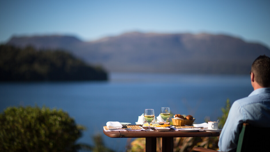 Solitaire Lodge Outdoor Dining overlooking Mount Tarawera