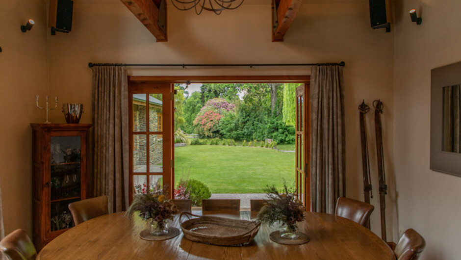 Lodge accommodation dining table looking out to central courtyard