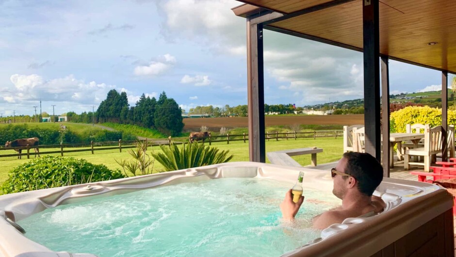 Relaxation in our spa pool with views over the country side