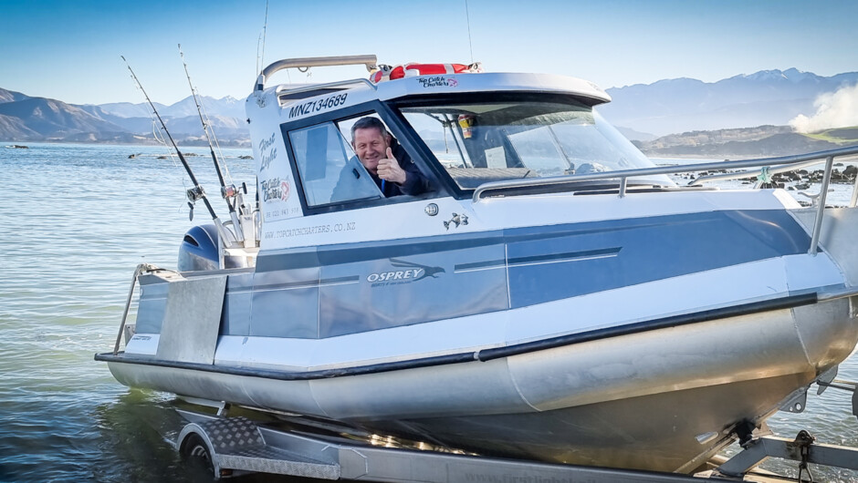 Top Catch Charters Kaikoura's purpose built 6.2m Osprey Boat, “First Light”.