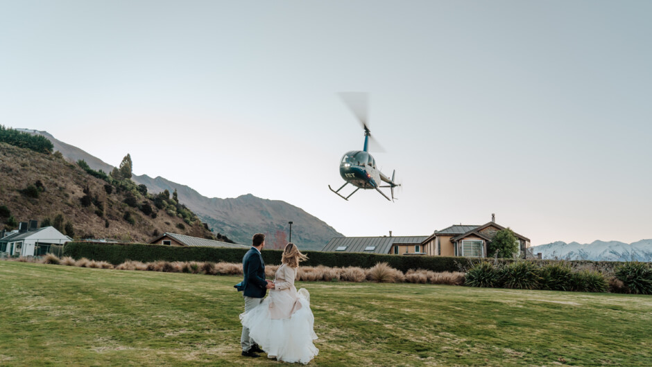 Arriving back at Edgewater's heli-pad after an elopement in the mountains