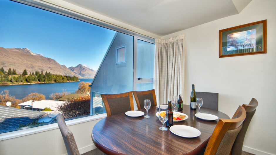 Dining table with stunning lake views.