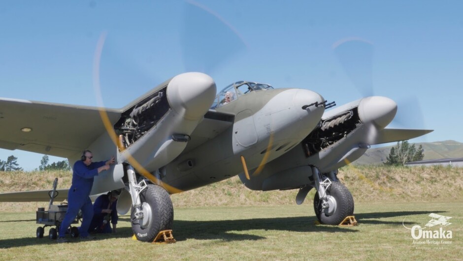 Historic Mosquito Engine Run at Omaka - 8 Nov 2021. The first twin-engine run of the John Smith Mosquito since its final flight to Base Woodbourne in April 1952.