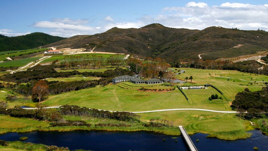 The golf course with the resort complex in the background.