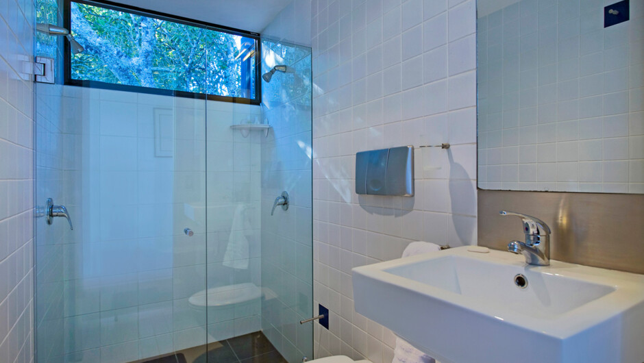 Tiled bathroom with large double rose frameless glass shower, in-wall Toilet & Basin.