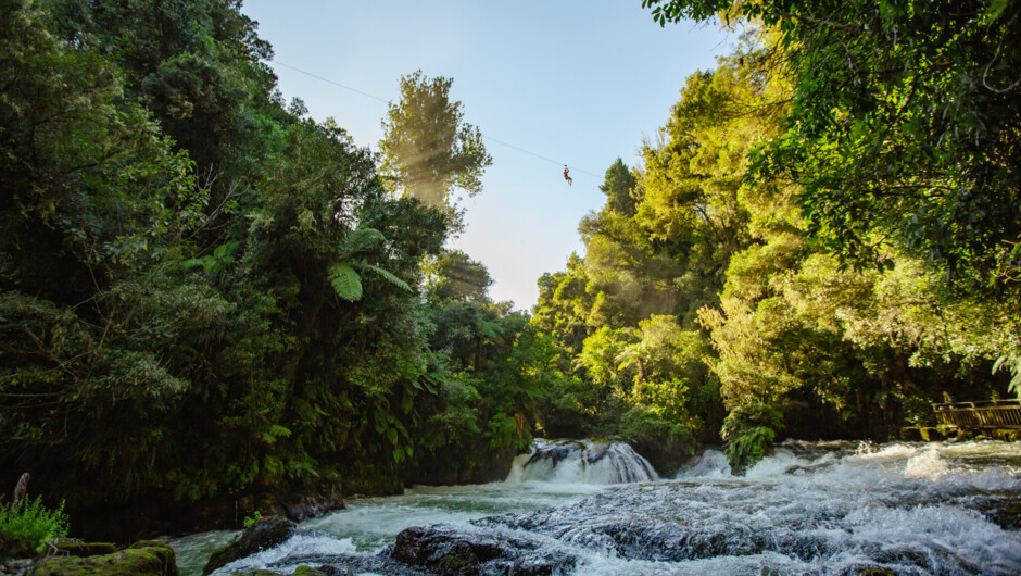 Ziplining over waterfalls on the Ōkere awa (Kaituna River).