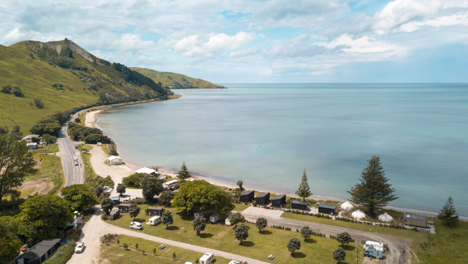 Drone caption of Tatapouri Bay accommodation.