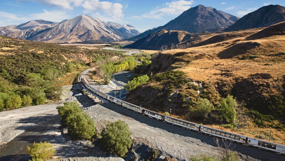 TranzAlpine train crossing Cass River between Cass & Mt White Bridge