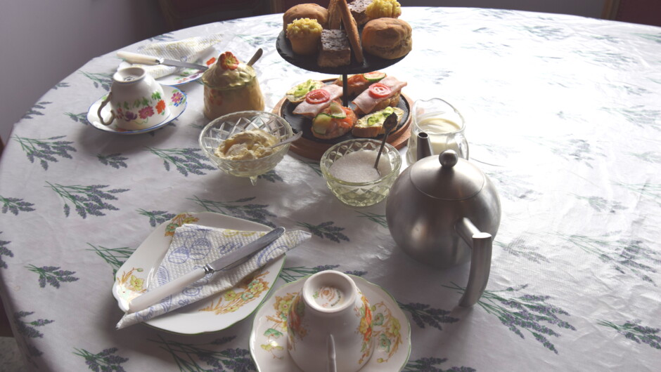 High tea set up and waiting to be eaten.  This is a home made delight as we make all the baked goods, including the breads, ourselves.