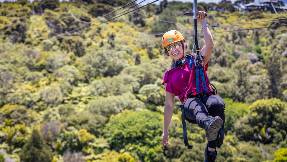 Fly on three separate ziplines high above a vineyard and lush forest canopies, taking in breath-taking views over the Hauraki Gulf and back to the city. 