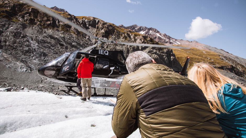 Passengers arriving on the Tasman Glacier ready for their heli hike experience.