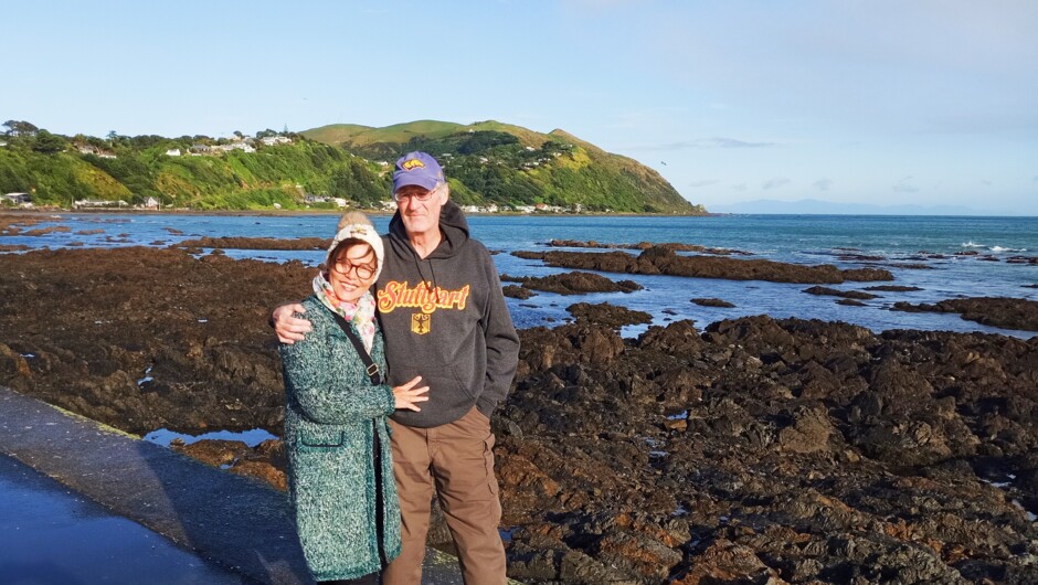 Check out the rocky shore at Pukerua Bay, on the Kāpiti Coast.