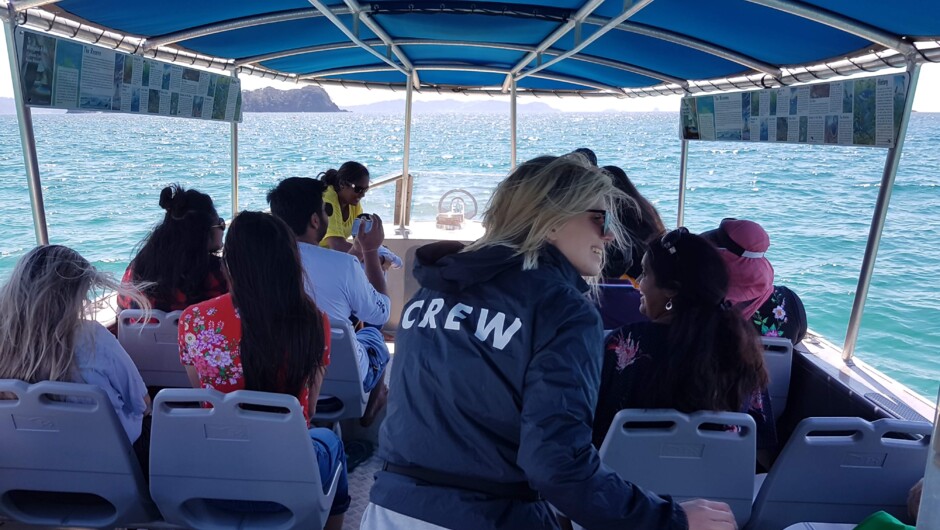 A boat load of excited customers on their way to enjoy Cathedral Cove