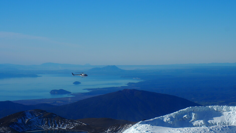 Over head Tongariro with the Lake Taupō basin in the background