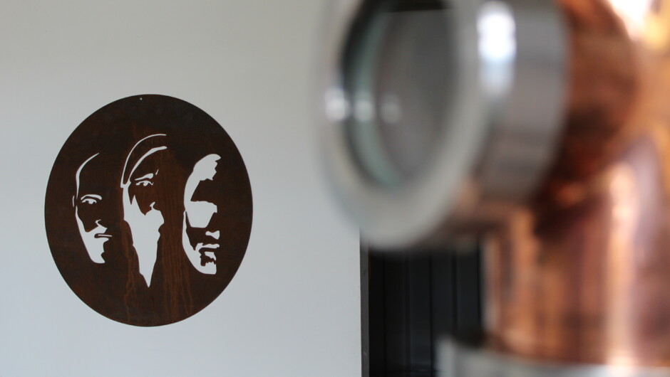 Still column and corten steel artwork in the still room.