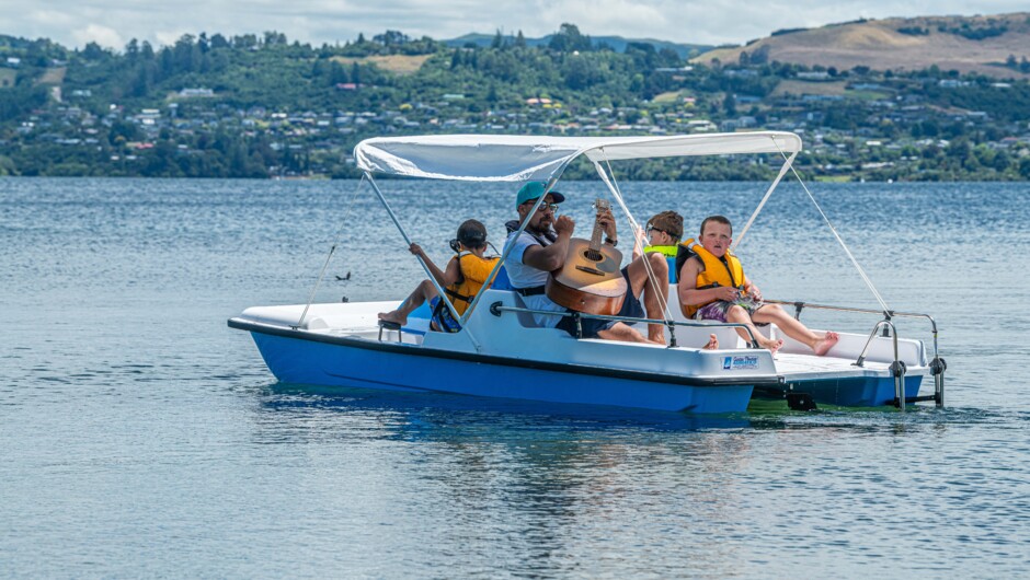 Comfortably seat up to 2 adults and 3 children on our sheltered pedal boats.