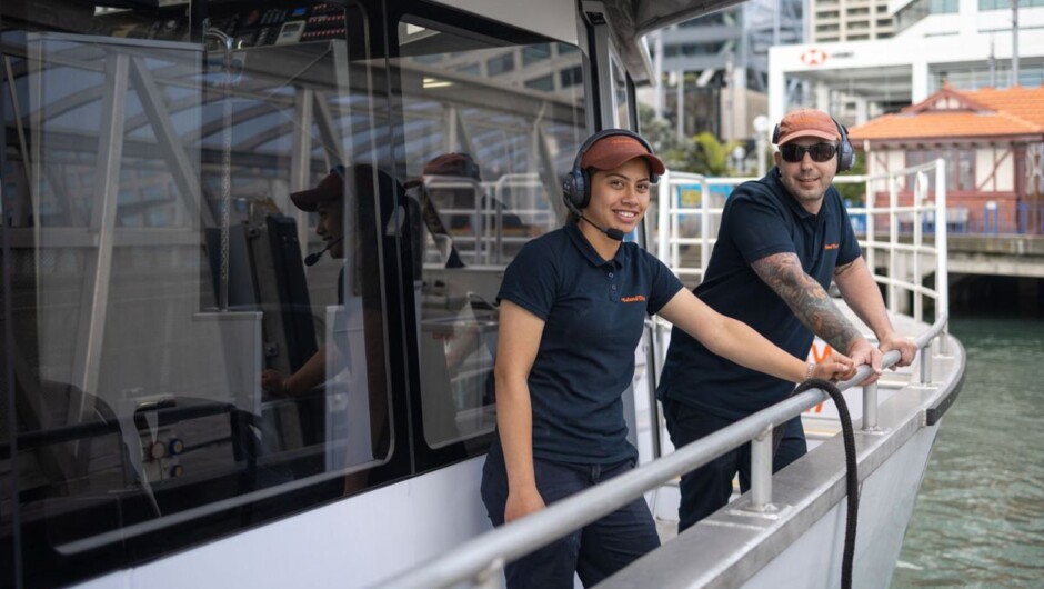 Island Direct crew at Pier 13, downtown Auckland Ferry Terminal