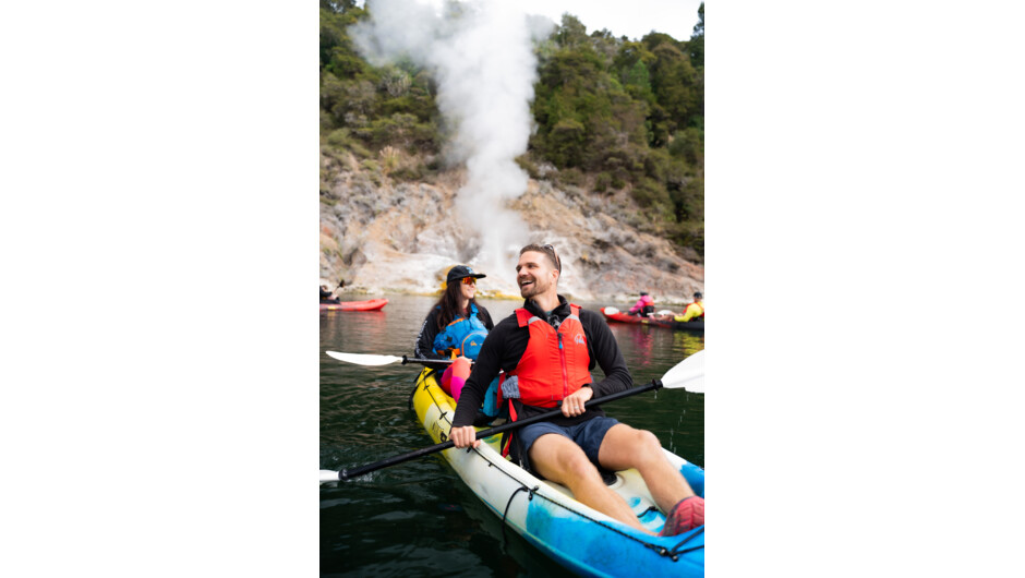 Happy kayaker near Rotorua geyser