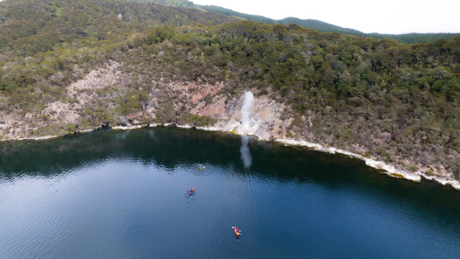 Drone view of kayaks viewing geyser