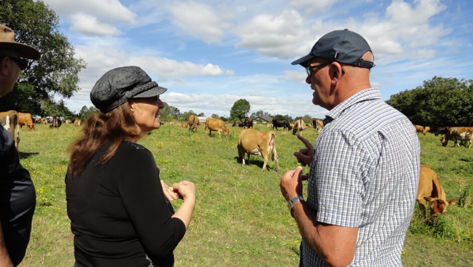 Farmer talking with guests