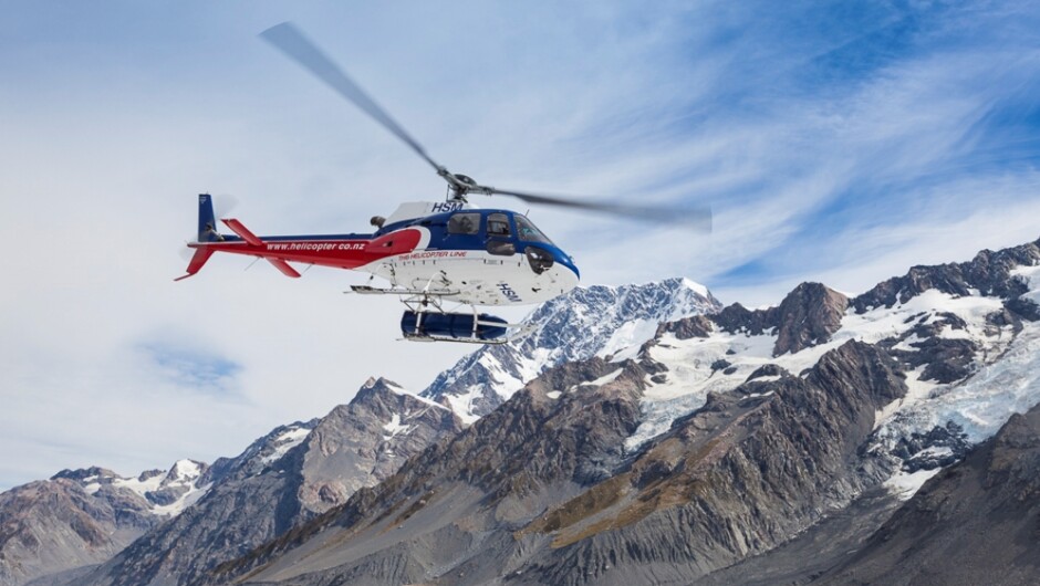 Flying into land on the Tasman Glacier