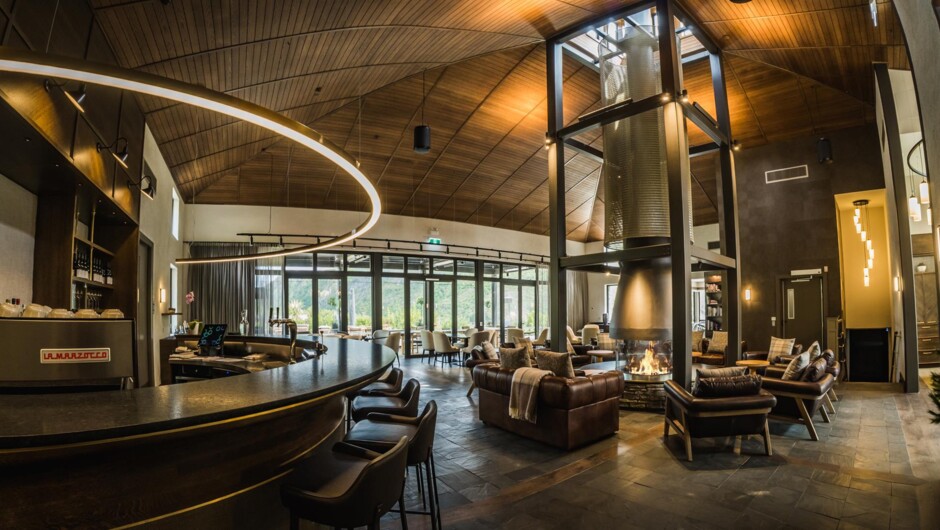 The Lodge bar and Restaurant is centred around an expansive, crackling fireplace.