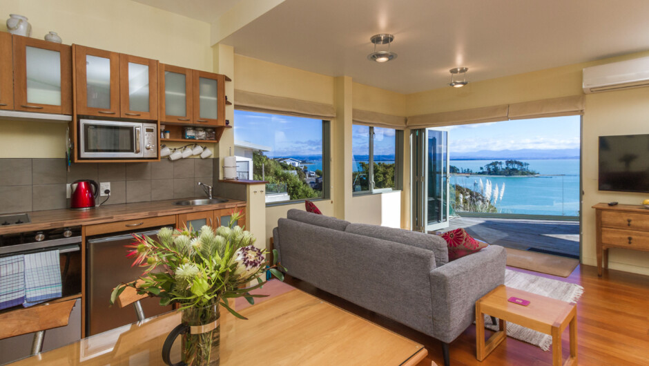 Kitchen, Living, Dining with views