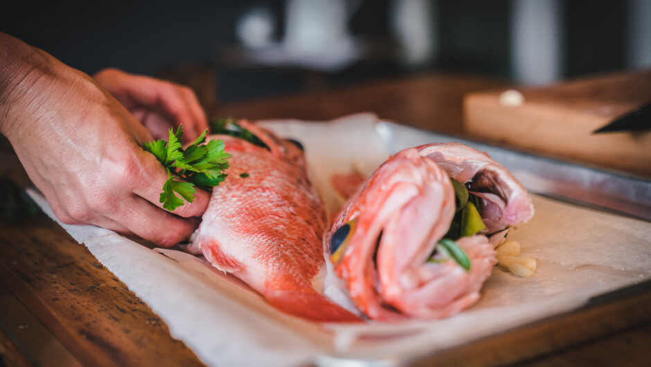 Fresh sea perch prepared and cooked within hours of being caught in the Pacific Ocean